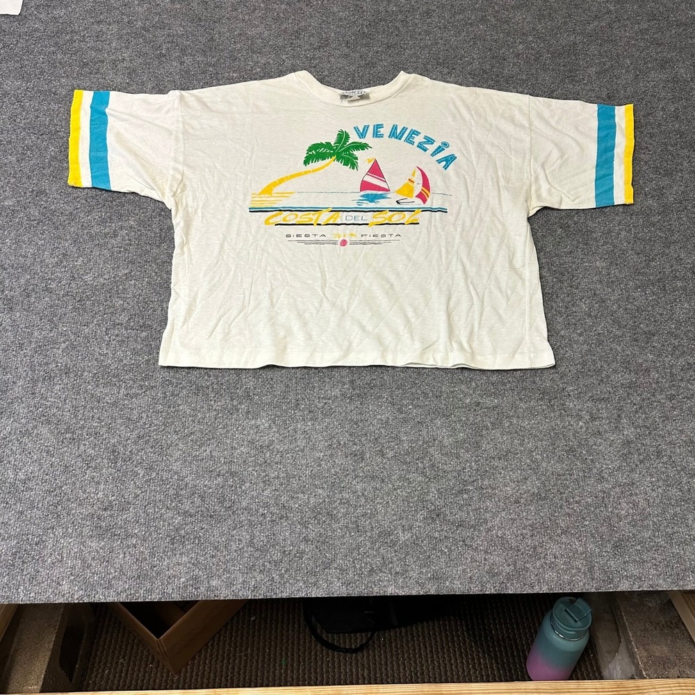Venezia T-Shirt Womens Size L White Graphic Crop Boxy Striped Sleeve Made in USA